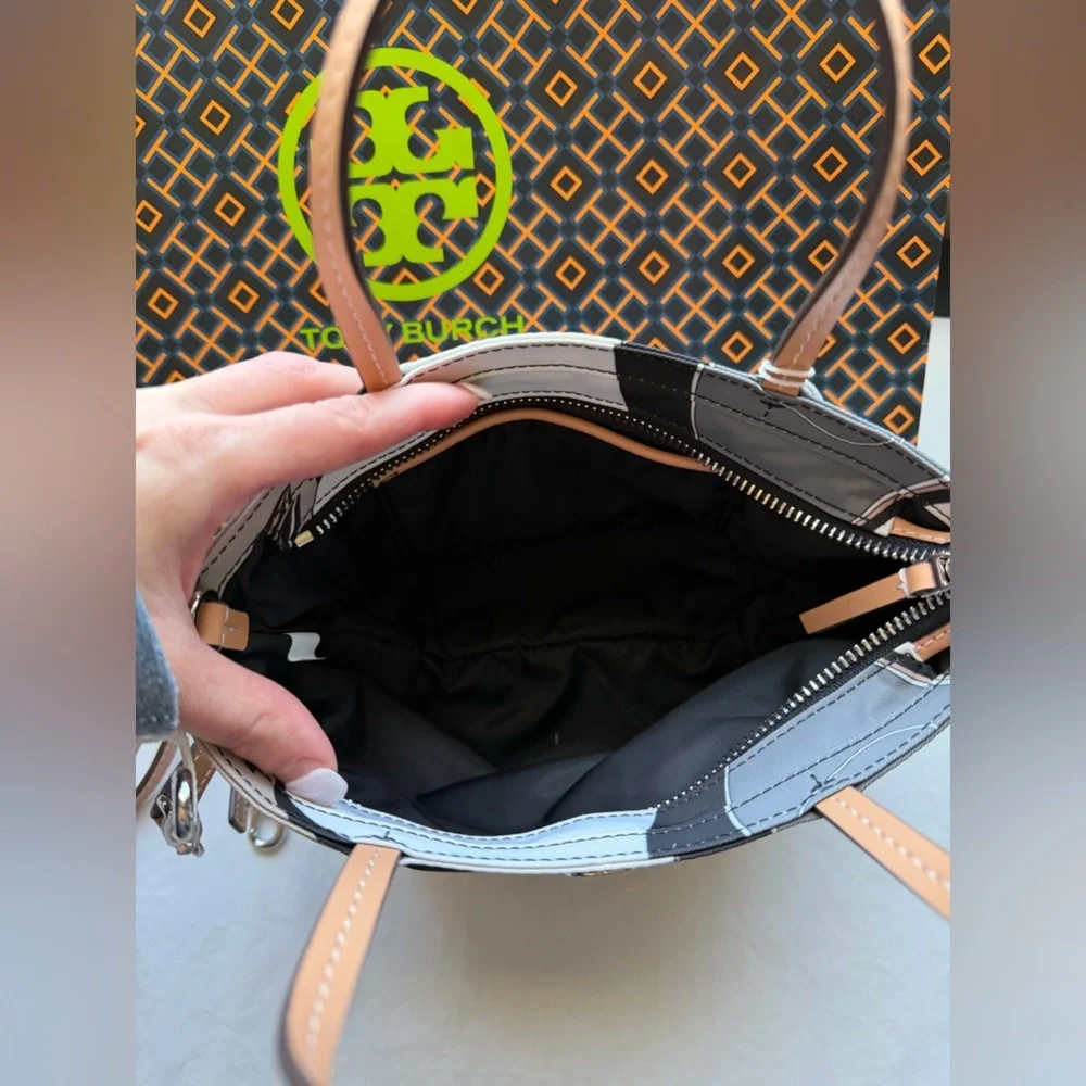Tory Burch Nylon Printed Mini Tote Bag Crossbody Bag Black Twisty Flower Ella
